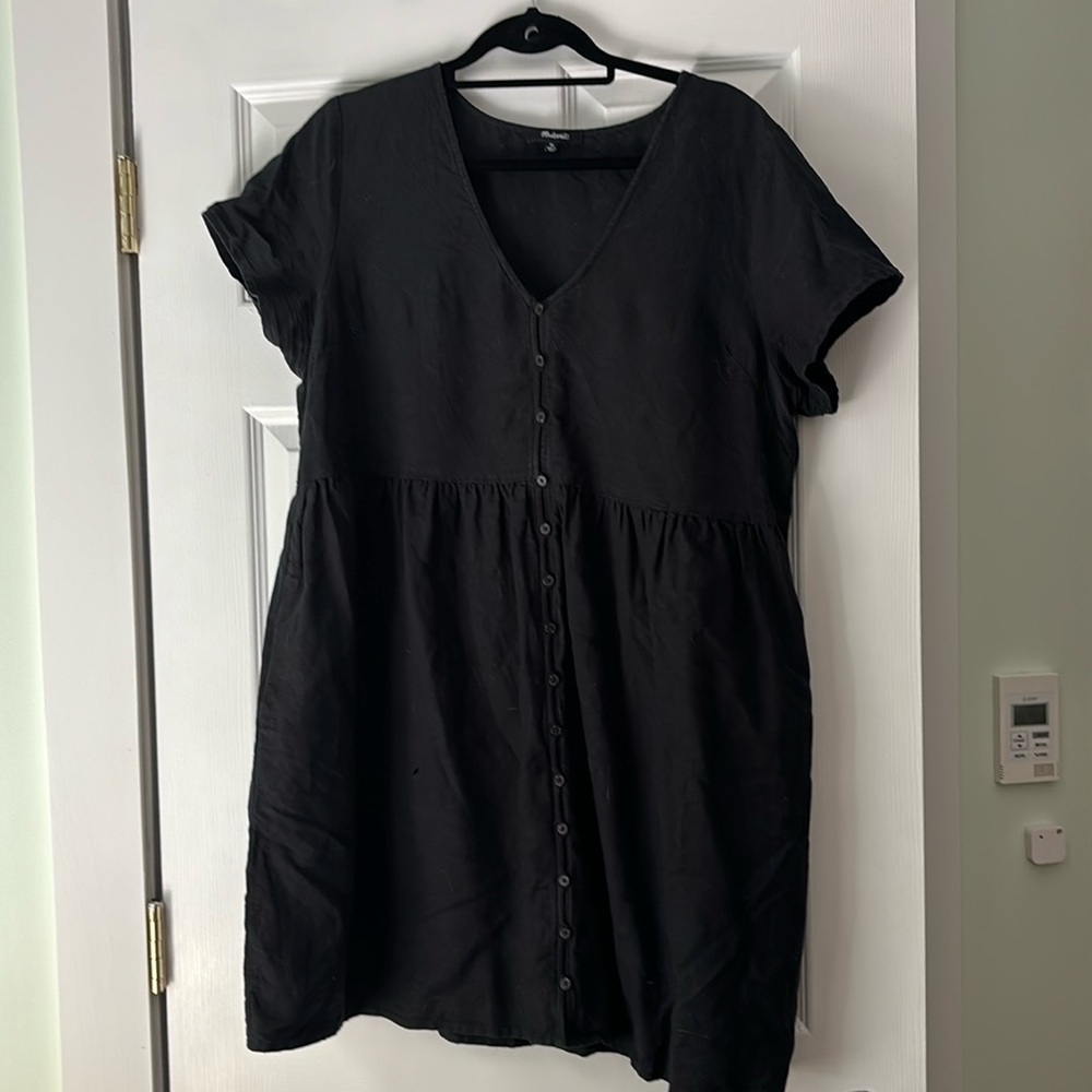 Madewell Linen Blend Short Sleeve Button up Black Mini Dress, XL chest is 46 in
